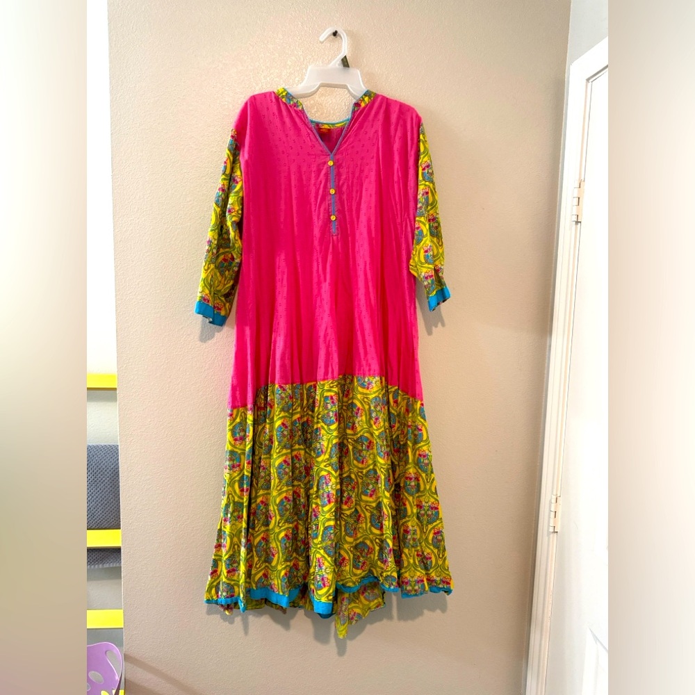 Rama’s XXL Indian Anarkali Kurta Dress – Pink & Yellow Multicolor Ethnic Print